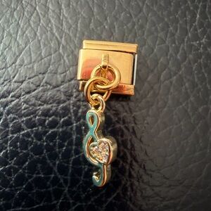 Treble Clef Dangle Italian Charm – Gold Tone with Crystal Heart